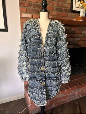 VTG Fringed Studded Denim Jacket in Indigo Blue One Size